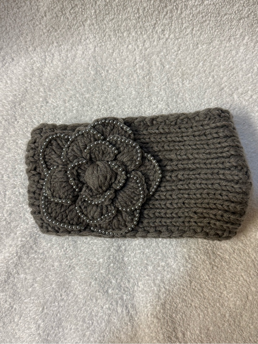 Chunky Knit Flower Headband in Grey